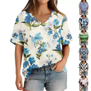 Женская футболка с V-образным вырезом и коротким рукавом с принтом, повседневная свободная футболка, топ L чёрный