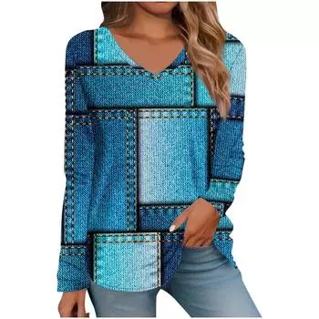 Женская футболка с V-образным вырезом и длинными рукавами, винтажный топ с 3D-принтом S