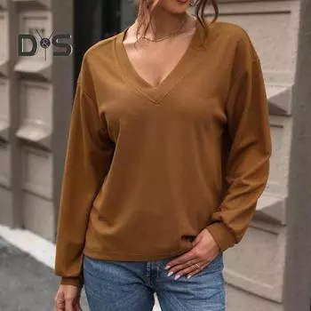 Женская футболка с V-образным вырезом и длинным рукавом, однотонная свободная футболка, мягкий эластичный пуловер, топы на каждый день S коричневый