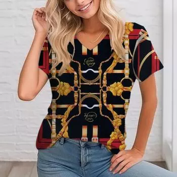 Женская футболка с V-образным вырезом и цифровым принтом, летняя, с короткими рукавами, свободная, с цветочным принтом S