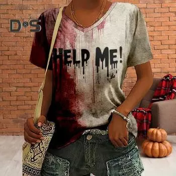 Женская футболка с V-образным вырезом и длинным рукавом, с принтом «кровавые буквы», свободный крой, пуловер на Хэллоуин, топы, праздничная одежда для вечеринок S