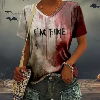 Женская футболка с V-образным вырезом и длинным рукавом, с принтом «кровавые буквы», свободный крой, пуловер на Хэллоуин, топы, праздничная одежда для вечеринок S