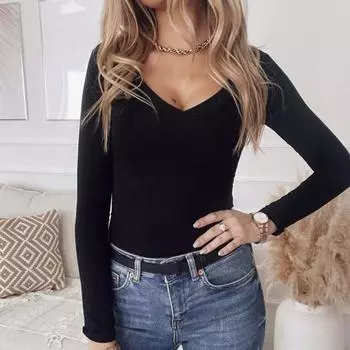 Женская футболка с V-образным вырезом и длинным рукавом, облегающая футболка, однотонный мягкий эластичный пуловер, топы на каждый день 2XL серый
