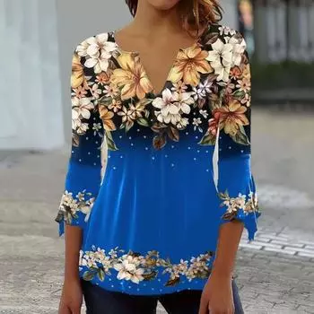 Женская футболка с v-образным вырезом и рукавами 3/4, пуловеры, топы с цветочным принтом, легкие повседневные топы, уличная одежда S красный