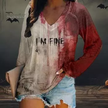 Женская футболка с V-образным вырезом и длинным рукавом с принтом «кровавые буквы», свободный крой, пуловер на Хэллоуин, топы, уличная одежда XXXL B