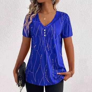 Женская футболка с v-образным вырезом и коротким рукавом, футболка с пуговицами, декор в горошек, свободный крой, пуловер, топы, уличная одежда XL красный