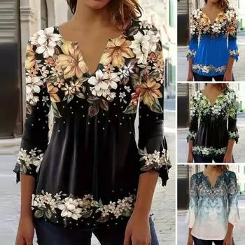 Женская футболка с v-образным вырезом и рукавами 3/4, пуловеры, топы с цветочным принтом, легкие дышащие повседневные топы, уличная одежда S красный