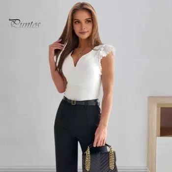 Женская футболка с v-образным вырезом и вышивкой, кружевные топы с короткими рукавами, однотонные облегающие пуловеры, топы, уличная одежда XL белый