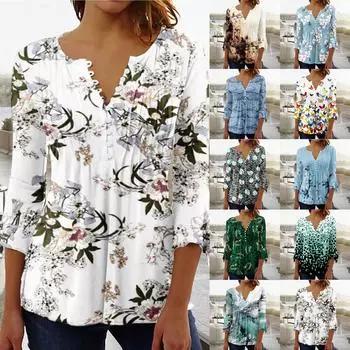 Женская футболка с v-образным вырезом и коротким рукавом с цветочным принтом и пуговицами L разноцветный