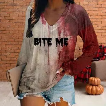Женская футболка с V-образным вырезом и длинным рукавом с принтом «кровавые буквы», свободный крой, пуловер на Хэллоуин, топы, уличная одежда XXXL D