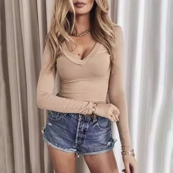 Женская футболка с V-образным вырезом и длинным рукавом, облегающая футболка, однотонный мягкий эластичный пуловер, топы на каждый день 3XL хаки