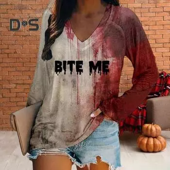 Женская футболка с V-образным вырезом и длинным рукавом с принтом «кровавые буквы», свободный крой, пуловер на Хэллоуин, топы, уличная одежда XXXL D