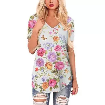 Женская футболка с V-образным вырезом и короткими рукавами, с принтом розы 3D, удлиненный топ-свитер S