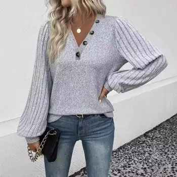 Женская футболка с V-образным вырезом и пуговицами, однотонная, новая, на осень-зиму, пуловер S серый