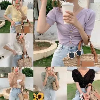 Женская футболка с V-образным вырезом и однотонными рукавами-фонариками для отдыха, короткая трикотажная футболка