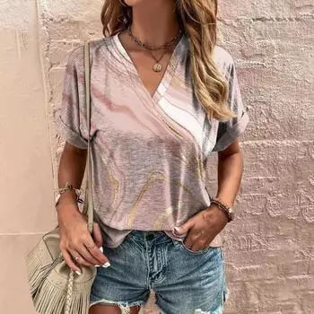 Женская футболка с V-образным вырезом и цветочным принтом Женская одежда Футболки с коротким рукавом S