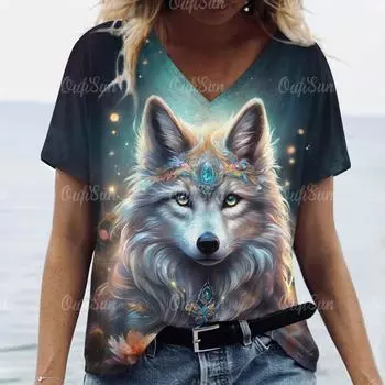 Женская футболка с v-образным вырезом и коротким рукавом, футболка с 3D принтом волка для женщин, летняя повседневная забавная женская одежда, новый винтажный пуловер S