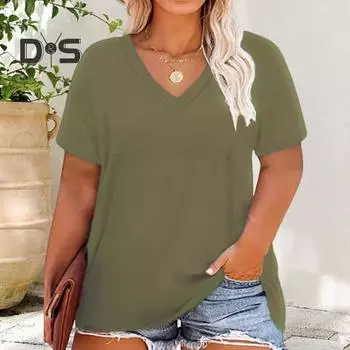 Женская футболка с V-образным вырезом и коротким рукавом, свободная футболка, однотонная повседневная дышащая футболка-пуловер, топы на каждый день M армия зеленый