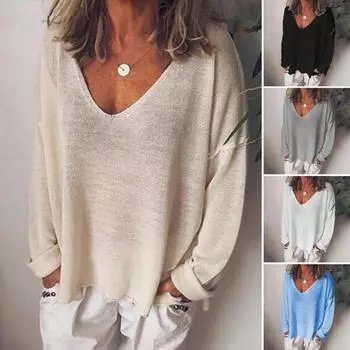 Женская футболка с V-образным вырезом и длинным рукавом, свободная футболка, однотонная, дышащая, повседневная, пуловер, топы, повседневная одежда S синий