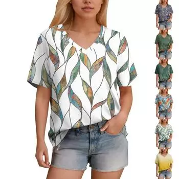 Женская футболка с v-образным вырезом и коротким рукавом, однотонная повседневная свободная футболка, топ L темно-зеленого