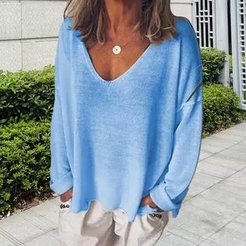 Женская футболка с V-образным вырезом и длинным рукавом, свободная футболка, однотонная, дышащая, повседневная, пуловер, топы, повседневная одежда S белый