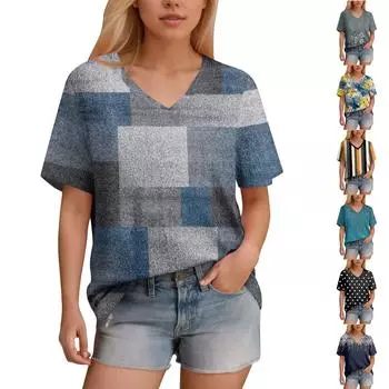 Женская футболка с v-образным вырезом и коротким рукавом, однотонная повседневная свободная футболка, топ L тёмно-синий
