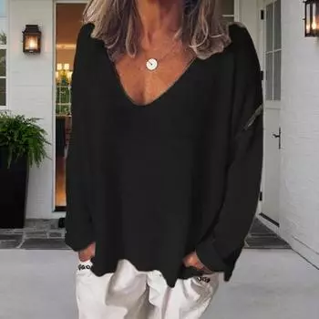 Женская футболка с V-образным вырезом и длинным рукавом, свободная футболка, однотонная, дышащая, повседневная S светло-серый