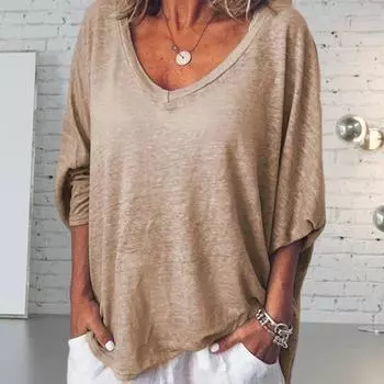 Женская футболка с V-образным вырезом и рукавом «летучая мышь» 3/4, пуловер, однотонные свободные тонкие футболки, дышащие легкие футболки 2XL розовый