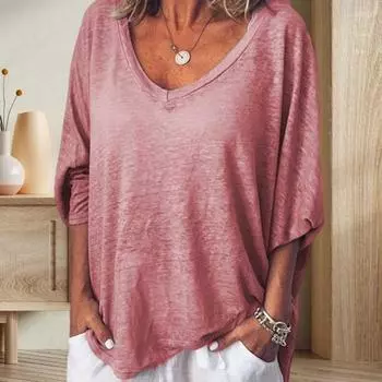 Женская футболка с V-образным вырезом и рукавом «летучая мышь» 3/4, пуловер, однотонные свободные тонкие футболки, дышащие легкие футболки XL розовый