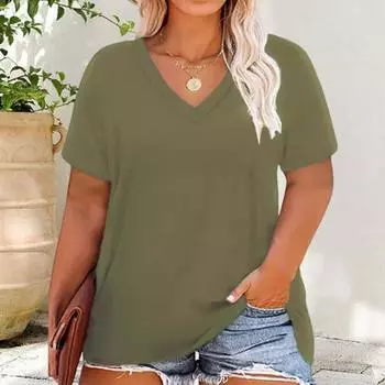 Женская футболка с V-образным вырезом и коротким рукавом, свободная футболка, однотонная повседневная дышащая футболка-пуловер, топы на каждый день M армия зеленый