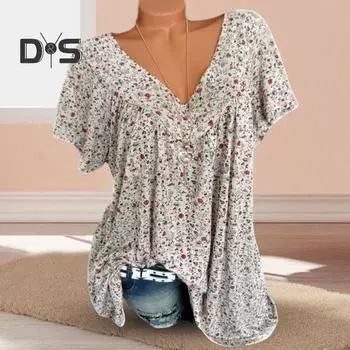 Женская футболка с V-образным вырезом и коротким рукавом с цветочным принтом, свободный крой, дышащий летний пуловер, топы на каждый день L чёрный