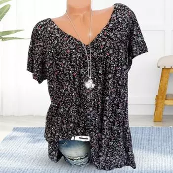 Женская футболка с V-образным вырезом и коротким рукавом с цветочным принтом, свободный крой, дышащий летний пуловер, топы на каждый день L чёрный