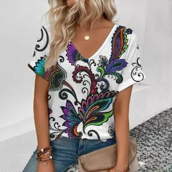 Женская футболка с V-образным вырезом и коротким рукавом. Элегантная футболка с принтом в стиле ретро. Модная футболка. Летняя женская футболка для отдыха. L