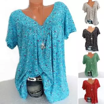 Женская футболка с V-образным вырезом и коротким рукавом с цветочным принтом, свободный крой, дышащий летний пуловер, топы на каждый день L вино красного