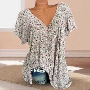 Женская футболка с V-образным вырезом и коротким рукавом с цветочным принтом, свободный крой, дышащий летний пуловер, топы на каждый день M зелёный