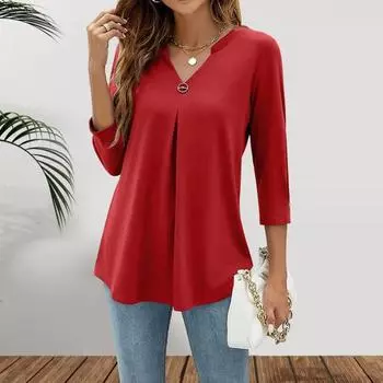 Женская футболка с V-образным вырезом и рукавом 3/4, свободный крой, дышащая футболка, однотонная, плиссированная, средней длины, топы на каждый день L красный
