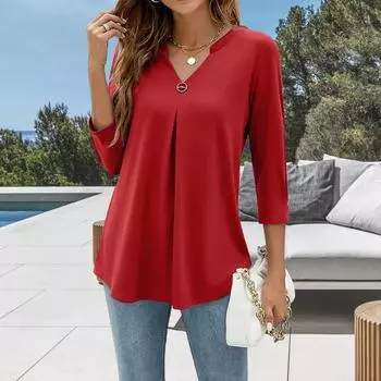 Женская футболка с V-образным вырезом и рукавом 3/4, свободный крой, дышащая футболка, однотонная, плиссированная, средней длины, топы на каждый день L красный