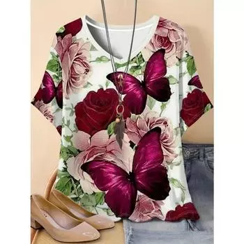 Женская футболка с V-образным вырезом и короткими рукавами, топ с 3D-принтом в виде бабочки и розы, женская летняя верхняя одежда S