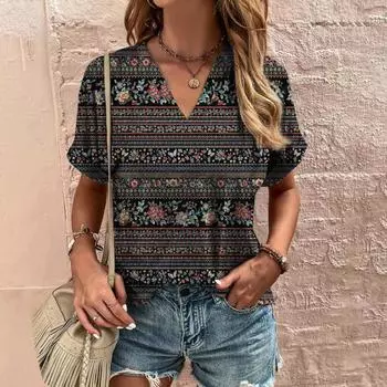 Женская футболка с v-образным вырезом и принтом, повседневные топы с цветочным принтом, дешевая блузка, летняя модная женская одежда, женские футболки большого размера с короткими рукавами M