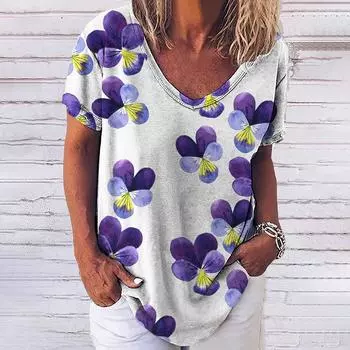 Женская футболка с V-образным вырезом и коротким рукавом, топ с 3D-красивым цветочным принтом, уличная мода, повседневная женская свободная одежда в стиле Харадзюку S