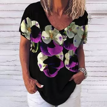 Женская футболка с V-образным вырезом и коротким рукавом, топ с 3D-красивым цветочным принтом, уличная мода, повседневная женская свободная одежда в стиле Харадзюку 2XL