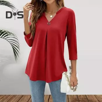 Женская футболка с V-образным вырезом и рукавом 3/4, свободный крой, дышащая футболка, однотонная, плиссированная, средней длины, топы на каждый день L красный