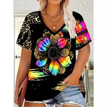 Женская футболка с V-образным вырезом и радужным 3D-цветочным принтом с леопардовым принтом, короткий рукав, повседневный летний женский топ S