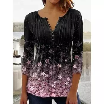 Женская футболка с v-образным вырезом и коротким рукавом с цветочным принтом и пуговицами XL светло-синий