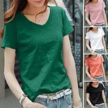 Женская футболка с V-образным вырезом и коротким рукавом, свободная футболка, однотонная, мягкая, эластичная, летняя, топы на каждый день L зелёный