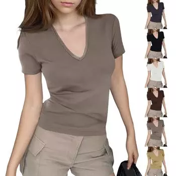 Женская футболка с V-образным вырезом и короткими рукавами на плечах L армия зеленый