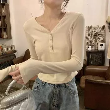 Женская футболка с v-образным вырезом и длинными рукавами в стиле Pure Desire, весенне-осенний новый дизайн, облегающий крой и короткий топ на тонких пуговицах с рыбьей косточкой S