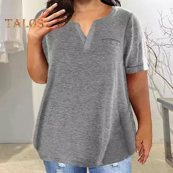 Женская футболка с V-образным вырезом, короткими рукавами и нагрудными карманами, однотонная повседневная свободная футболка для повседневной носки XXXL светло-серый