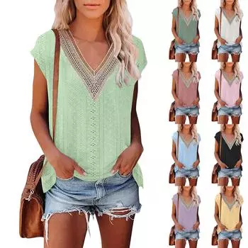 Женская футболка с V-образным вырезом, кружевная футболка в стиле пэчворк L армия зеленый