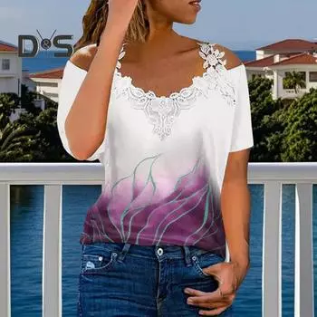 Женская футболка с V-образным вырезом, кружевом, открытыми плечами, коротким рукавом, повседневные свободные топы с цветочным принтом, официальная летняя футболка S фиолетовый